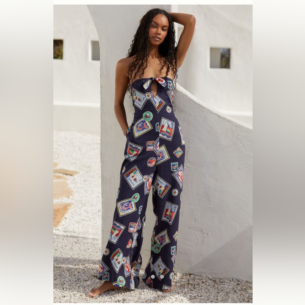 Anthropologie Navy Strapless Printed Jumpsuit with Multicolor Motif